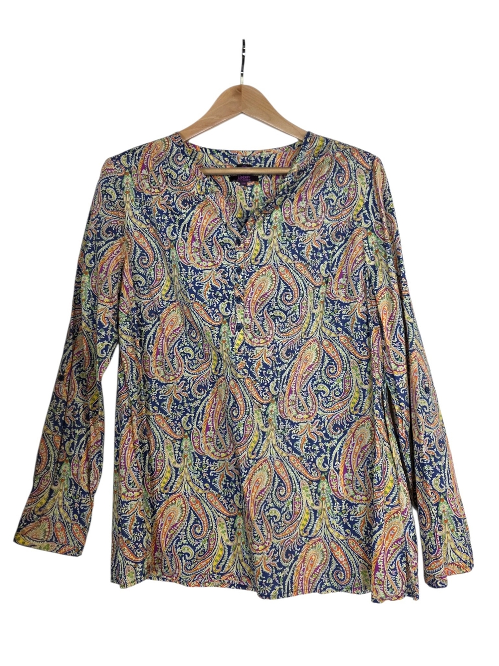 liberty art Fabrics Paisley Long-Sleeve Split-Neck Tee with Multicolor Print